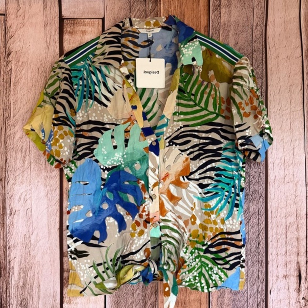 Desigual CAM Cremona Button Up Top Multicolor Resort Tropical Print M NWT